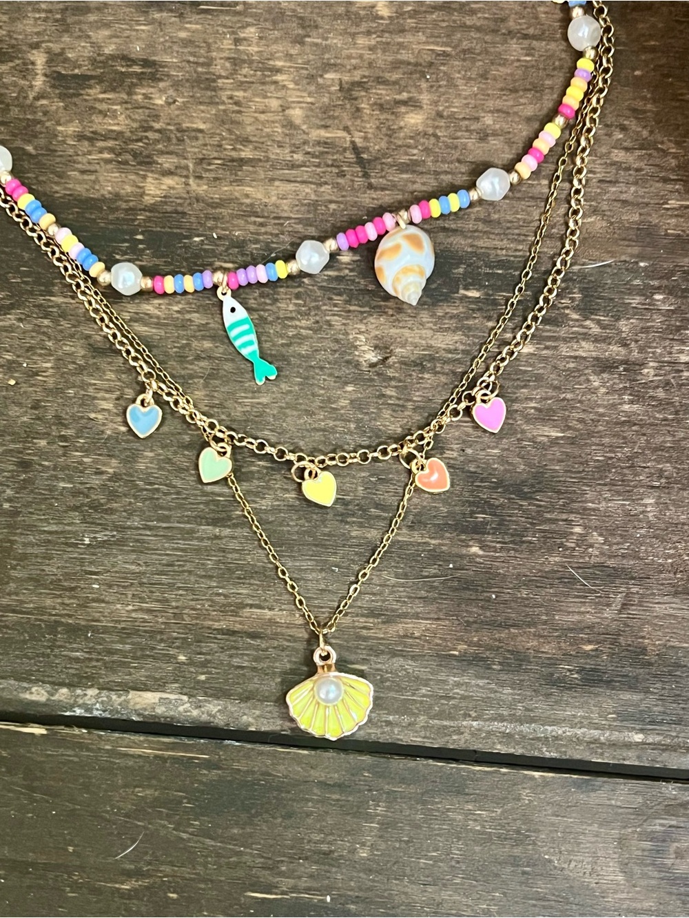 Hand Crafted Multicolor Bead & Gold Layered Heart Shell Necklace